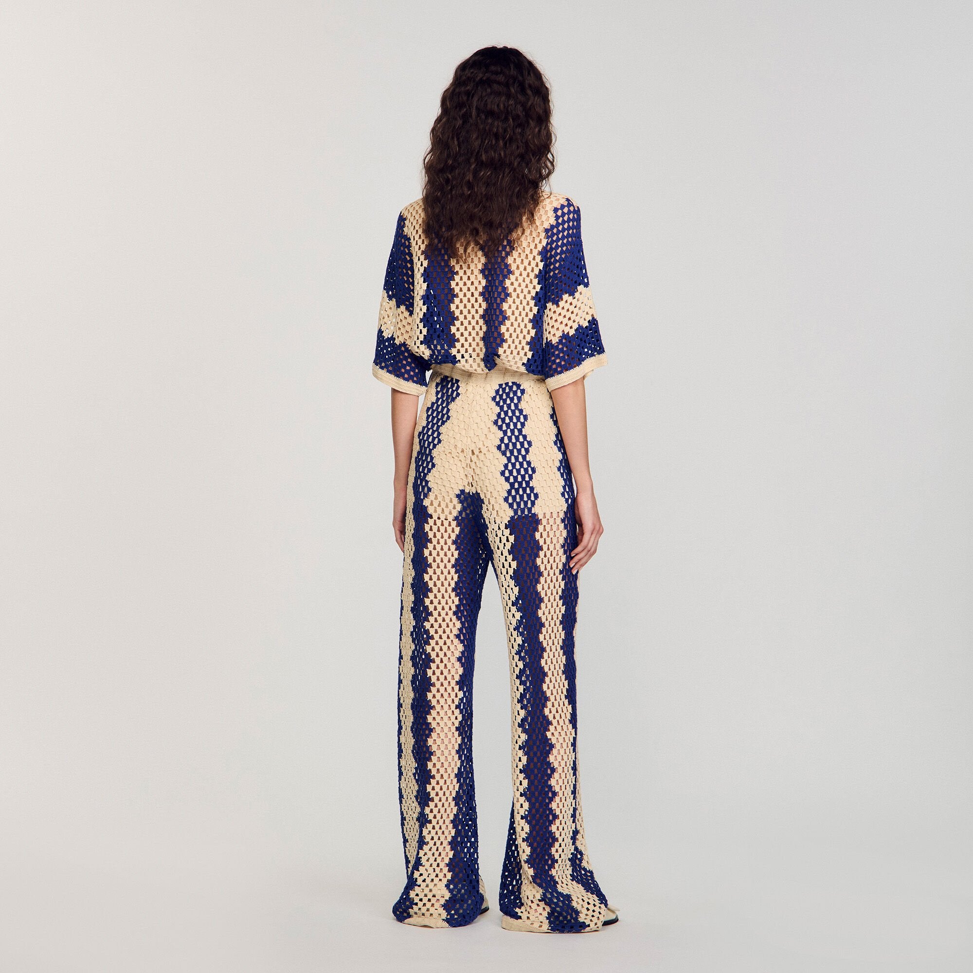 Sandro / Two-tone open weave pants Blue / Ecru