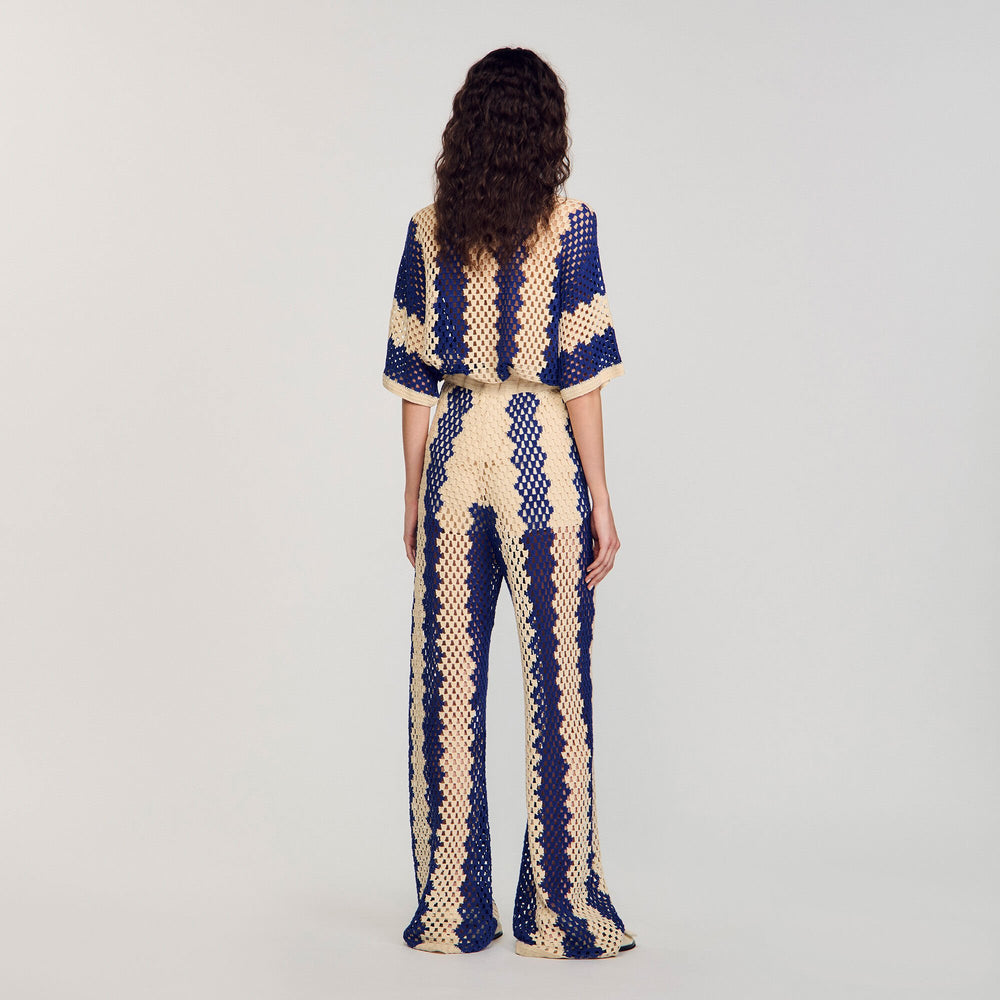 Sandro / Two-tone open weave pants Blue / Ecru