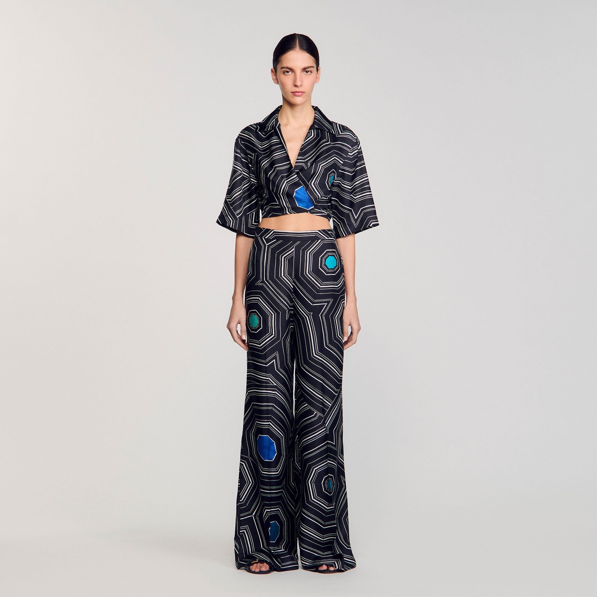 Sandro / Spiral-print silk trousers Black