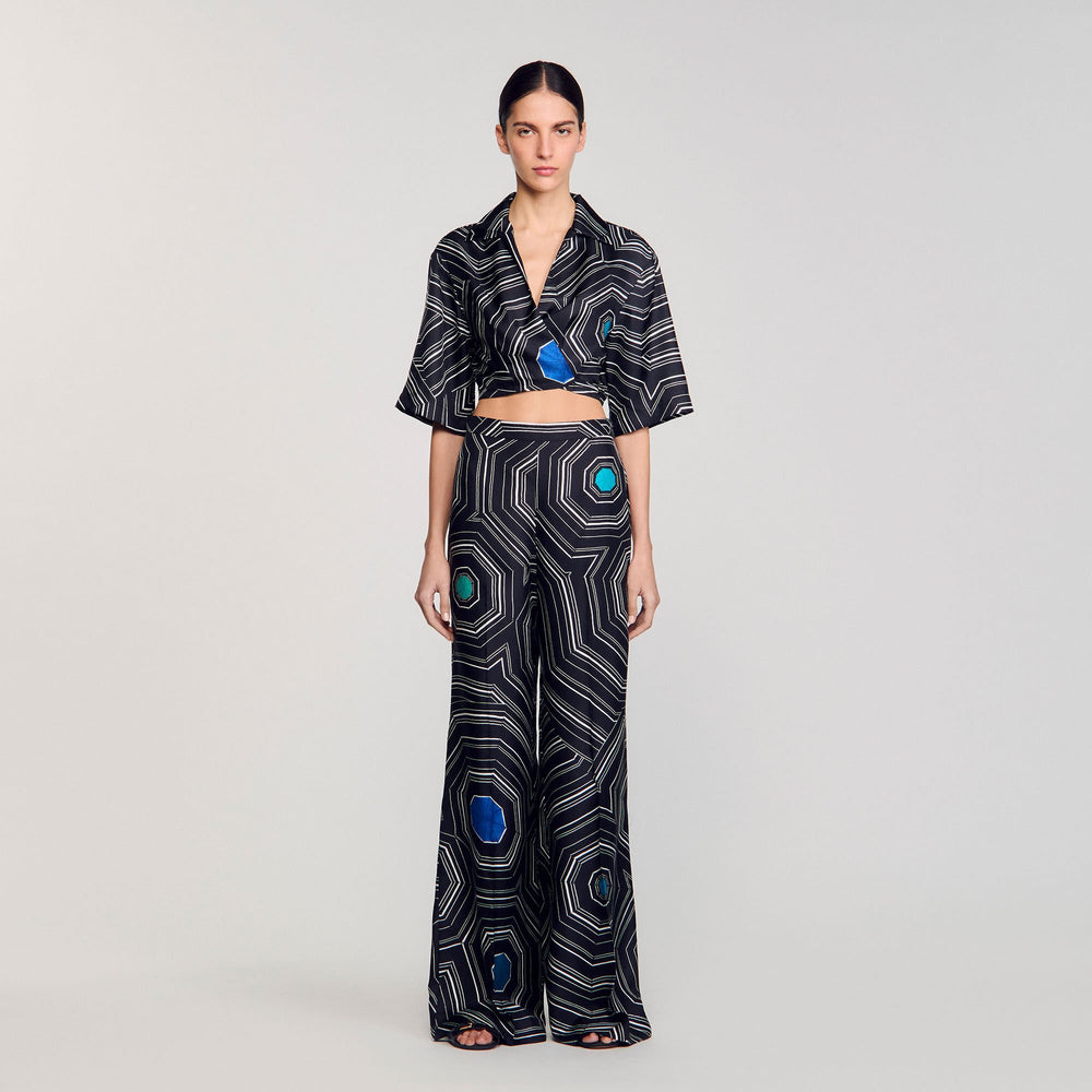 Sandro / Spiral-print silk trousers Black