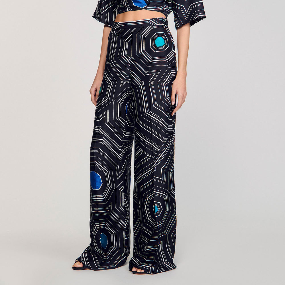 Sandro / Spiral-print silk trousers Black