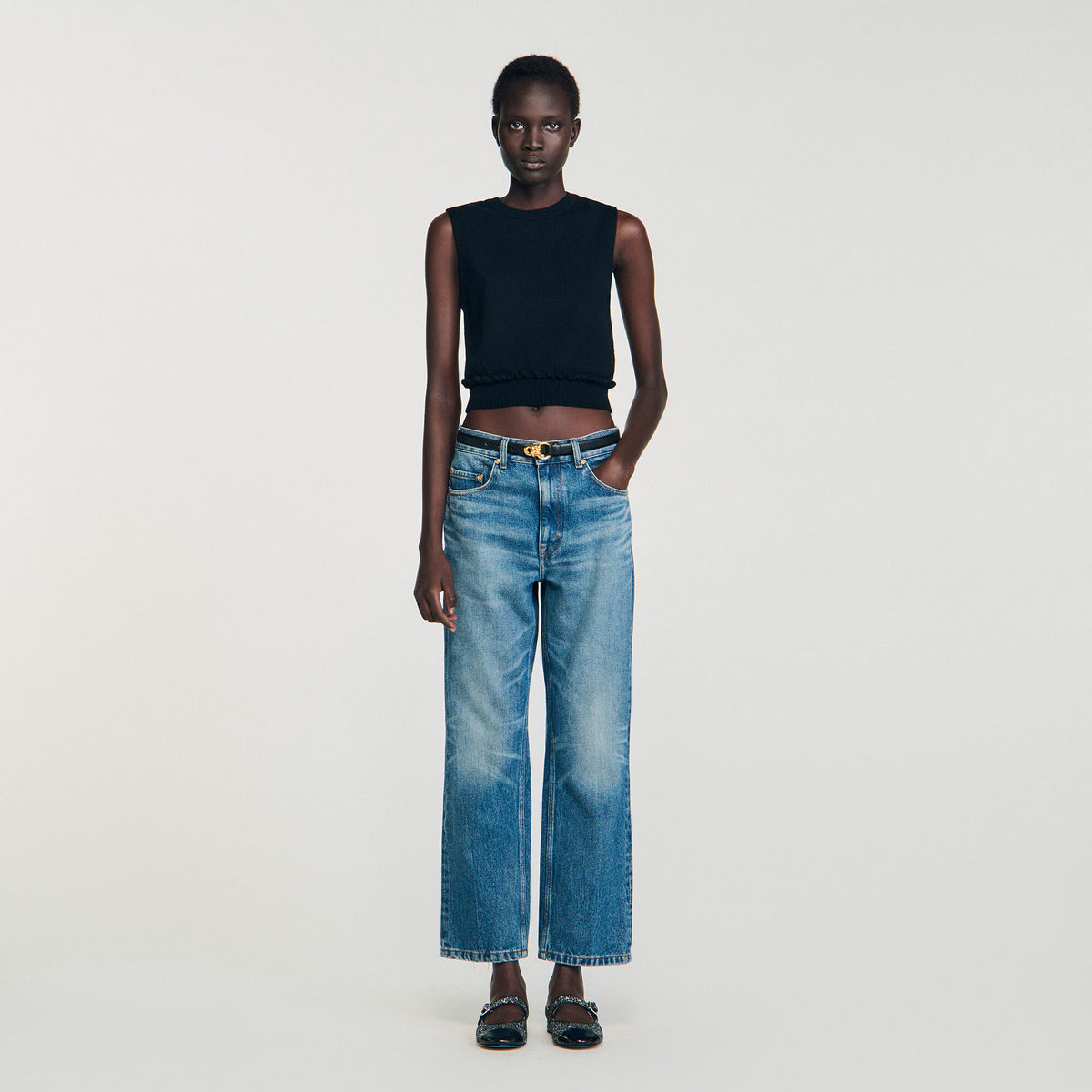 Sandro / Ruffled cropped sweater Black