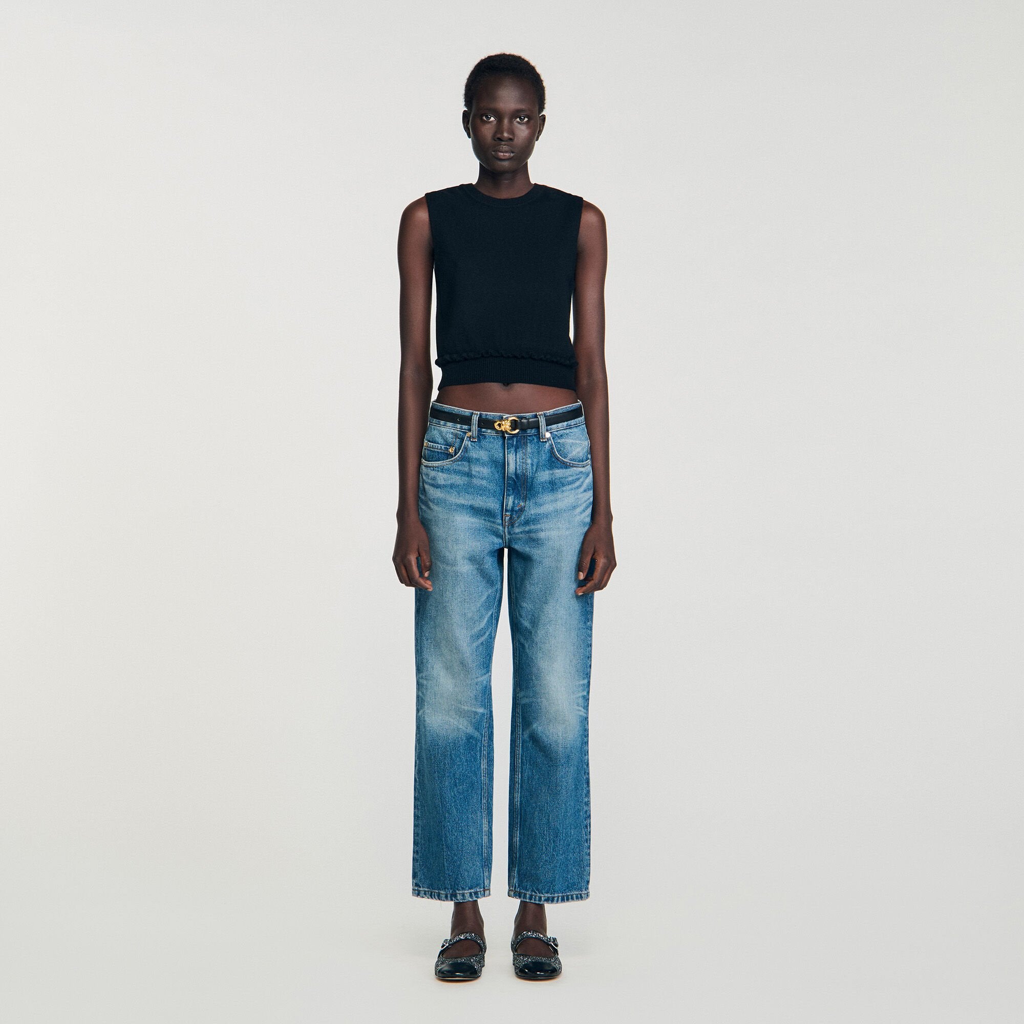 Sandro / Ruffled cropped sweater Black