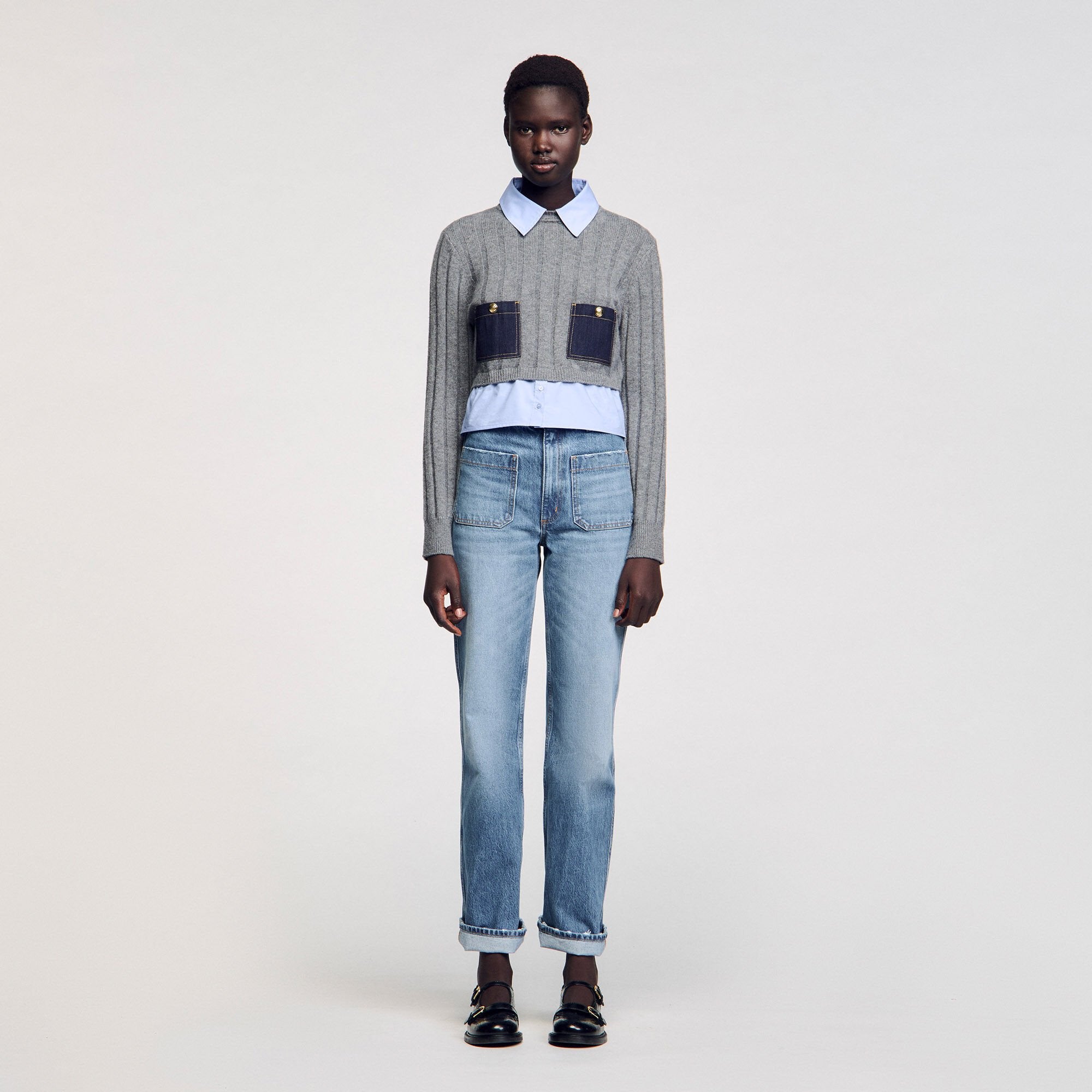 Sandro / Cropped wool and cashmere sweater Grey