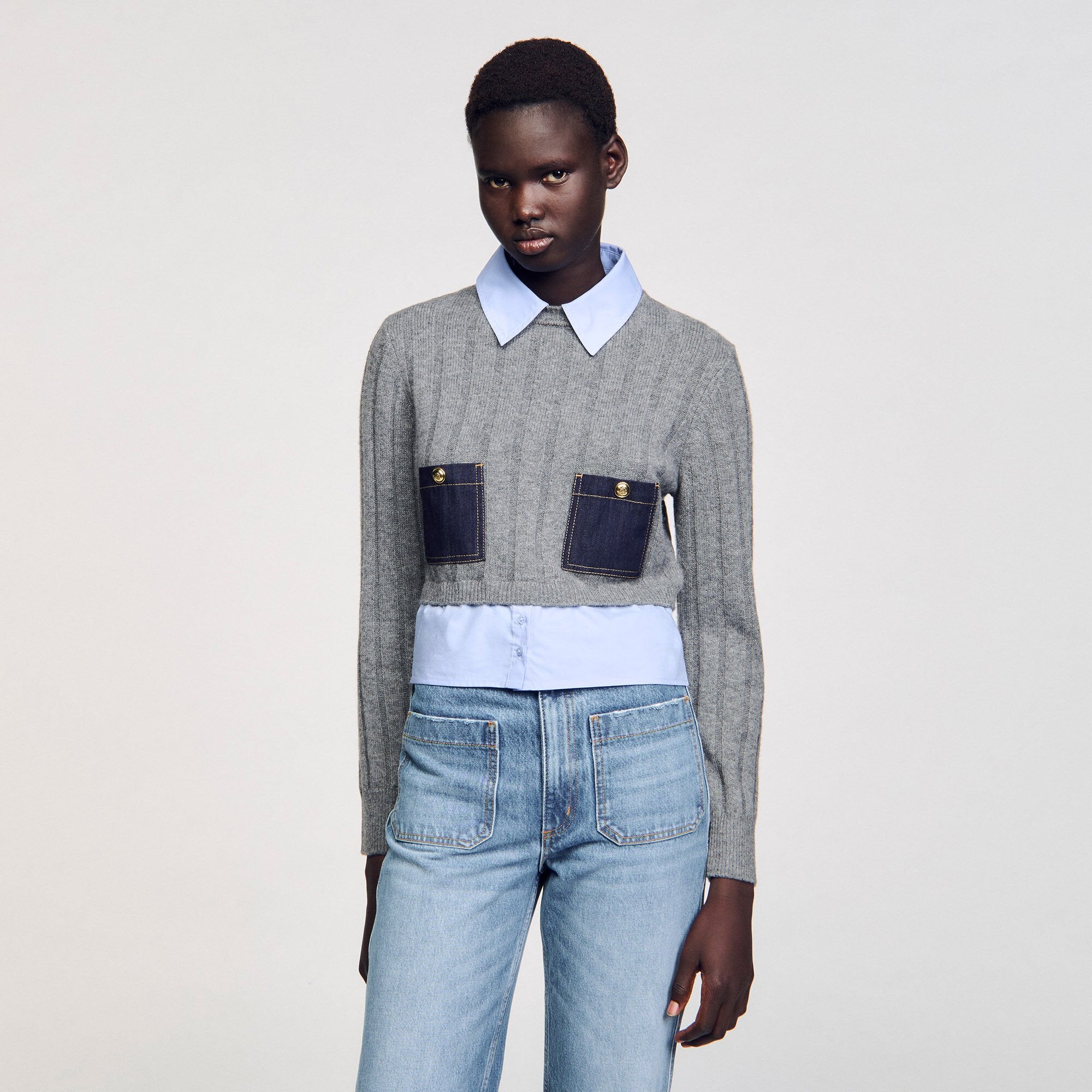 Sandro / Cropped wool and cashmere sweater Grey
