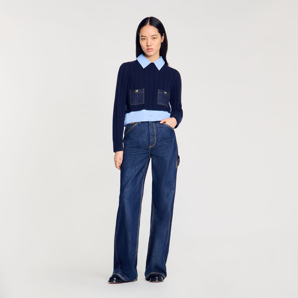 Sandro / Cropped wool and cashmere sweater Navy Blue