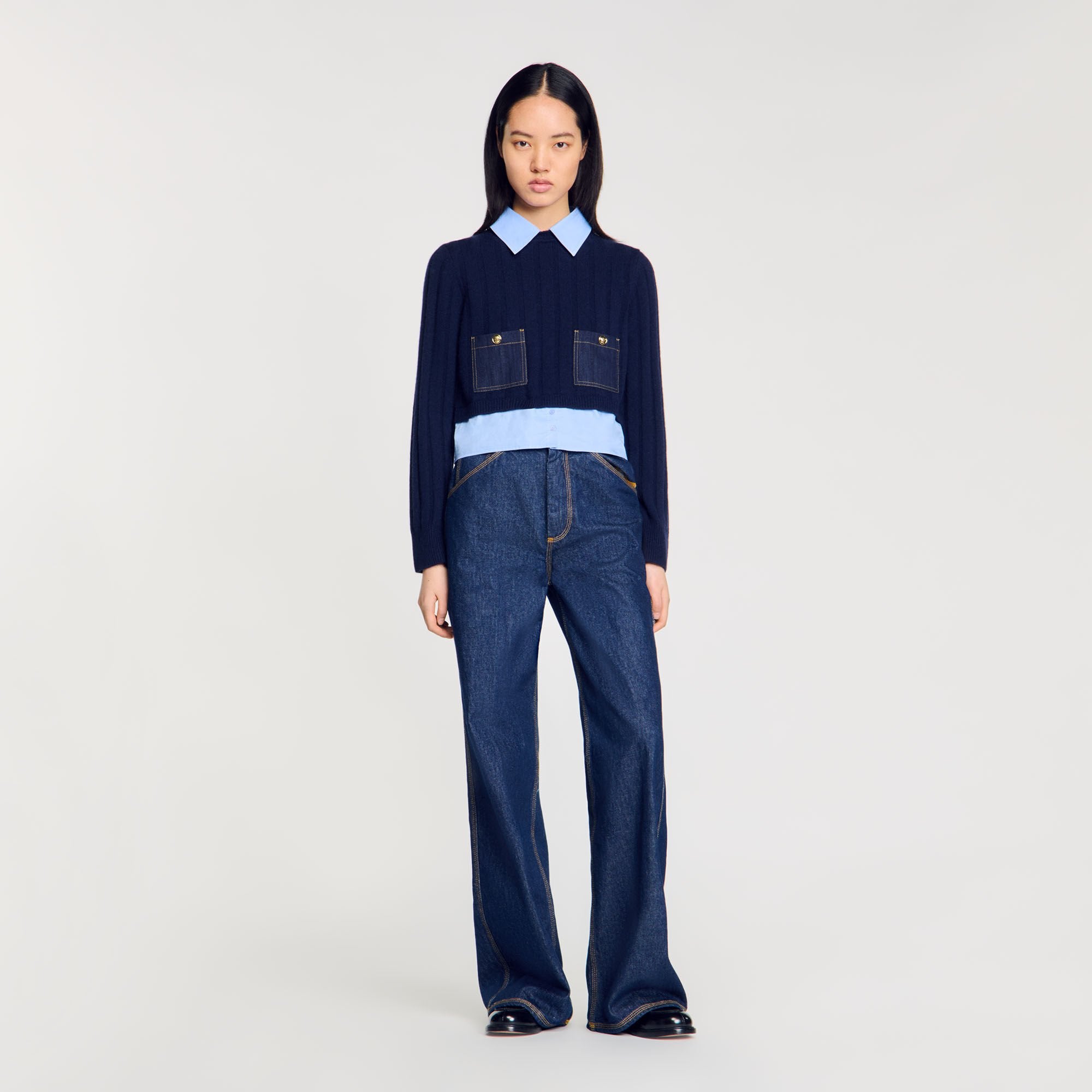 Sandro / Cropped wool and cashmere sweater Navy Blue
