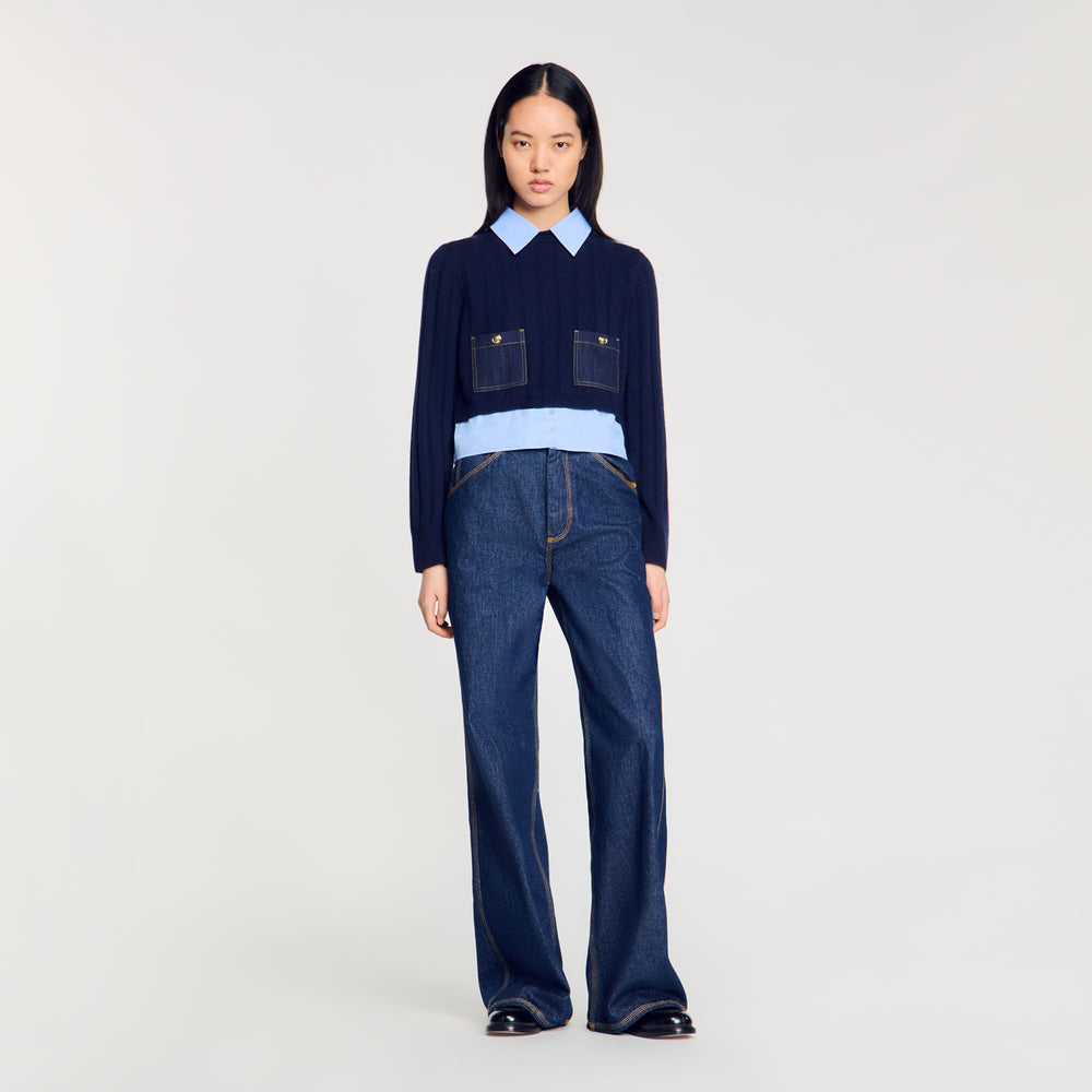 Sandro / Cropped wool and cashmere sweater Navy Blue