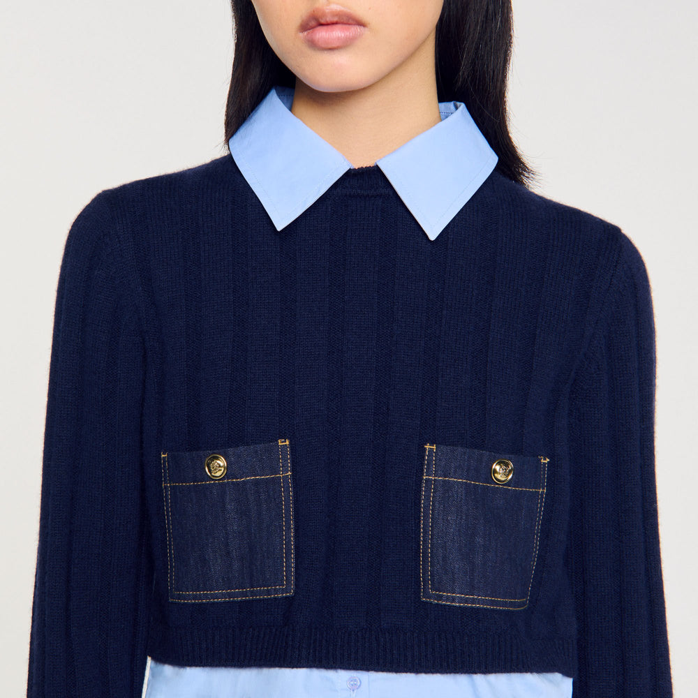 Sandro / Cropped wool and cashmere sweater Navy Blue