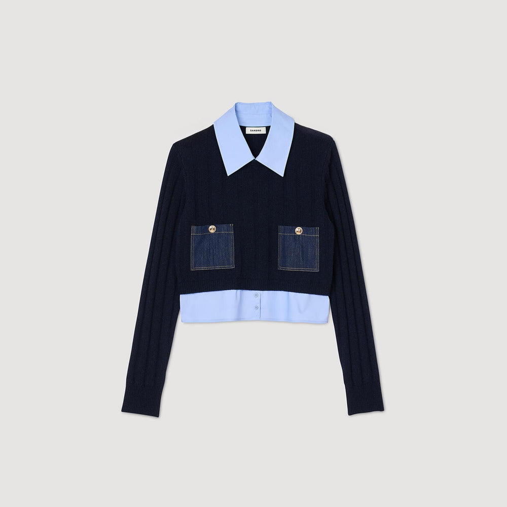 Sandro / Cropped wool and cashmere sweater Navy Blue