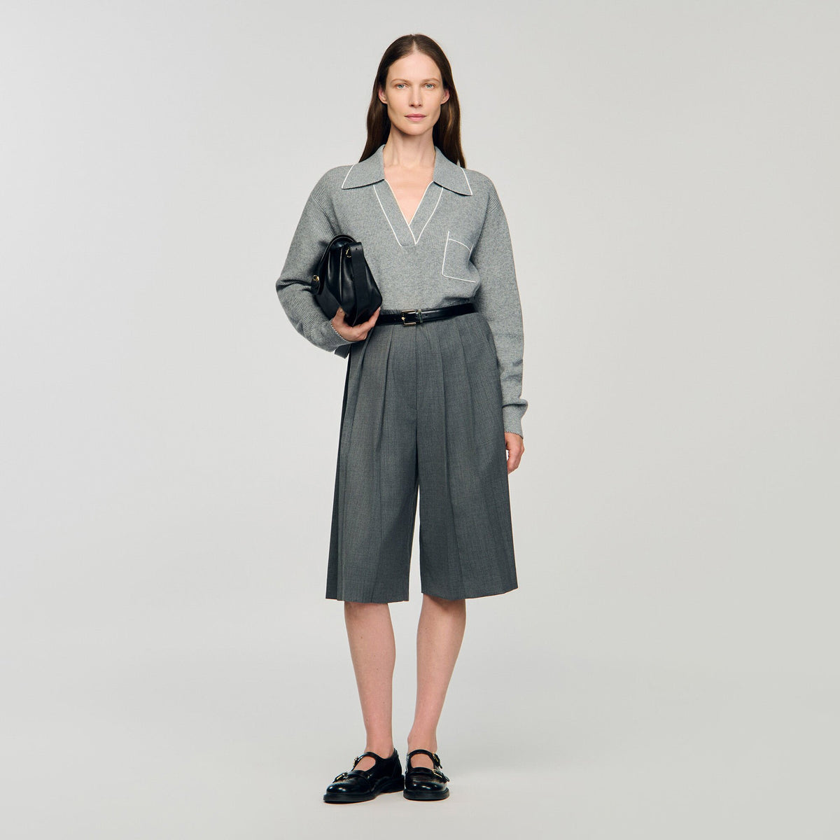 Sandro / Open polo-collar neck sweater Grey