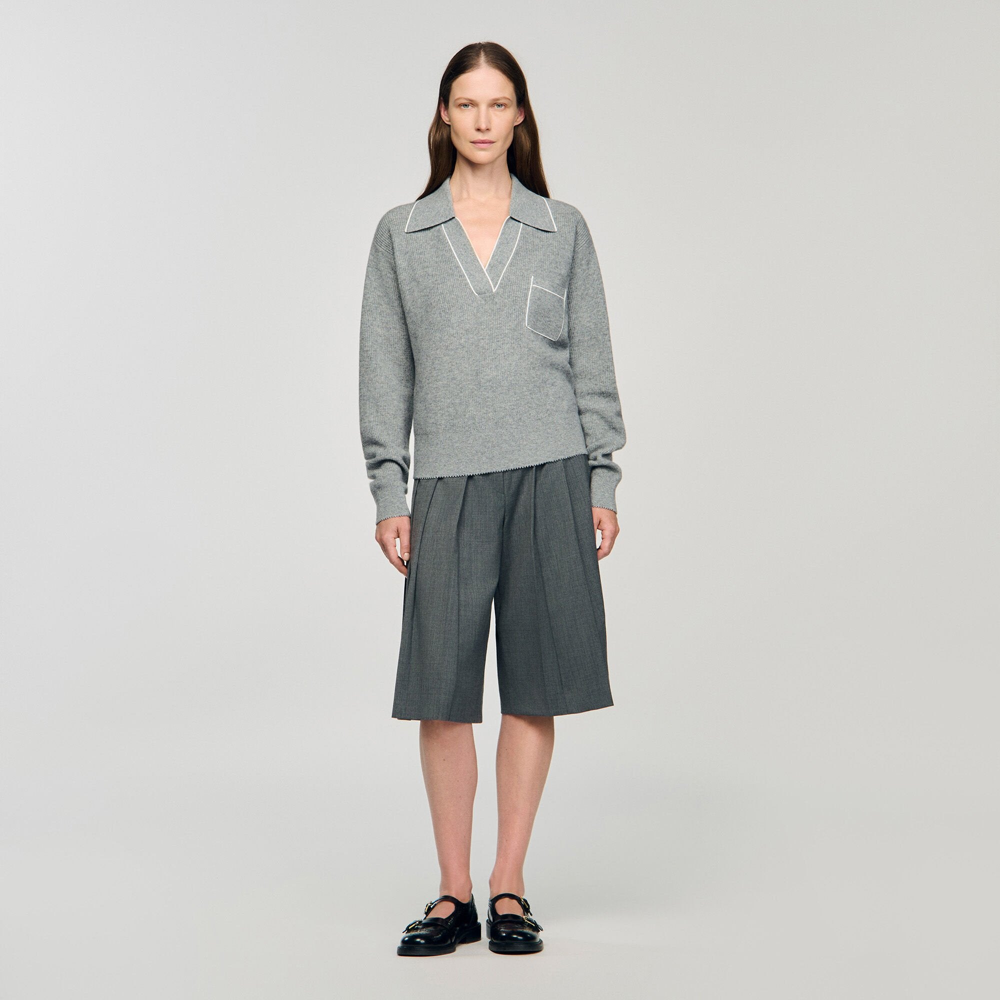 Sandro / Open polo-collar neck sweater Grey