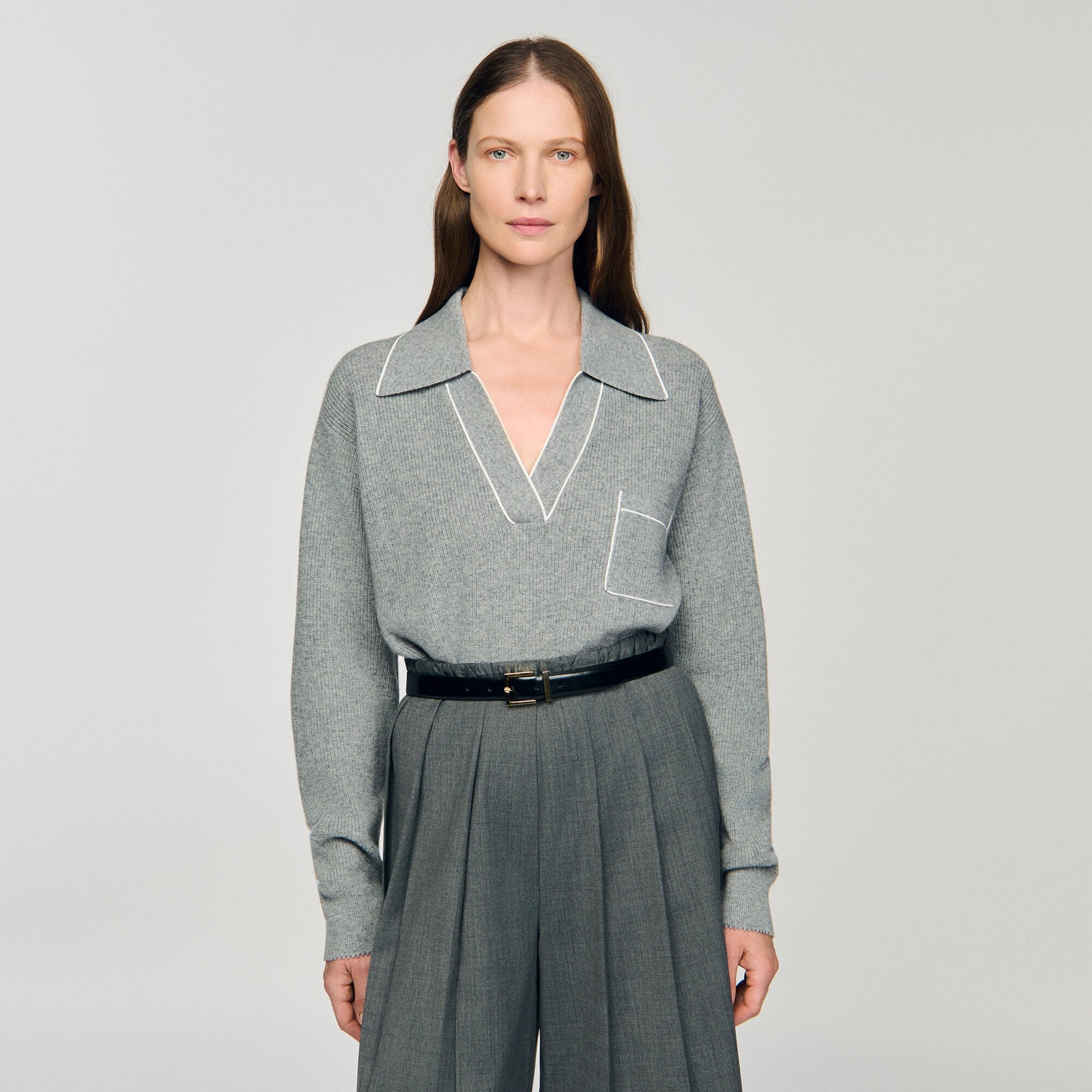 Sandro / Open polo-collar neck sweater Grey