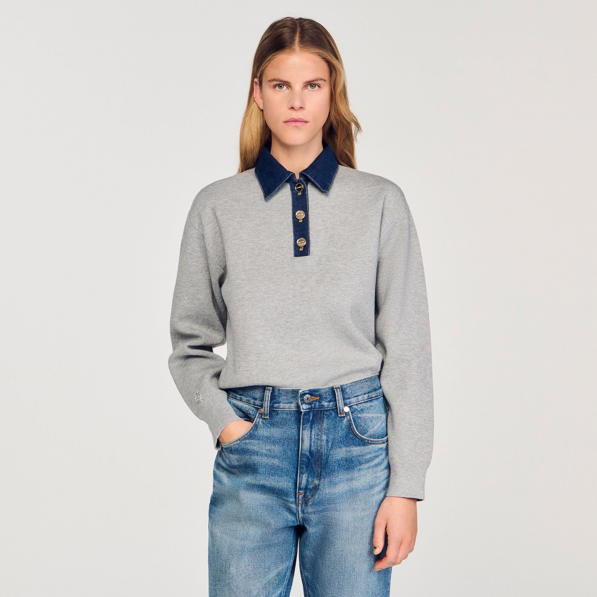 Sandro / Sweater with denim collar Grey