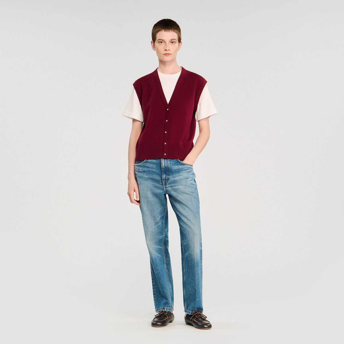 Sandro / Two-tone wool and cashmere sweater Bordeaux