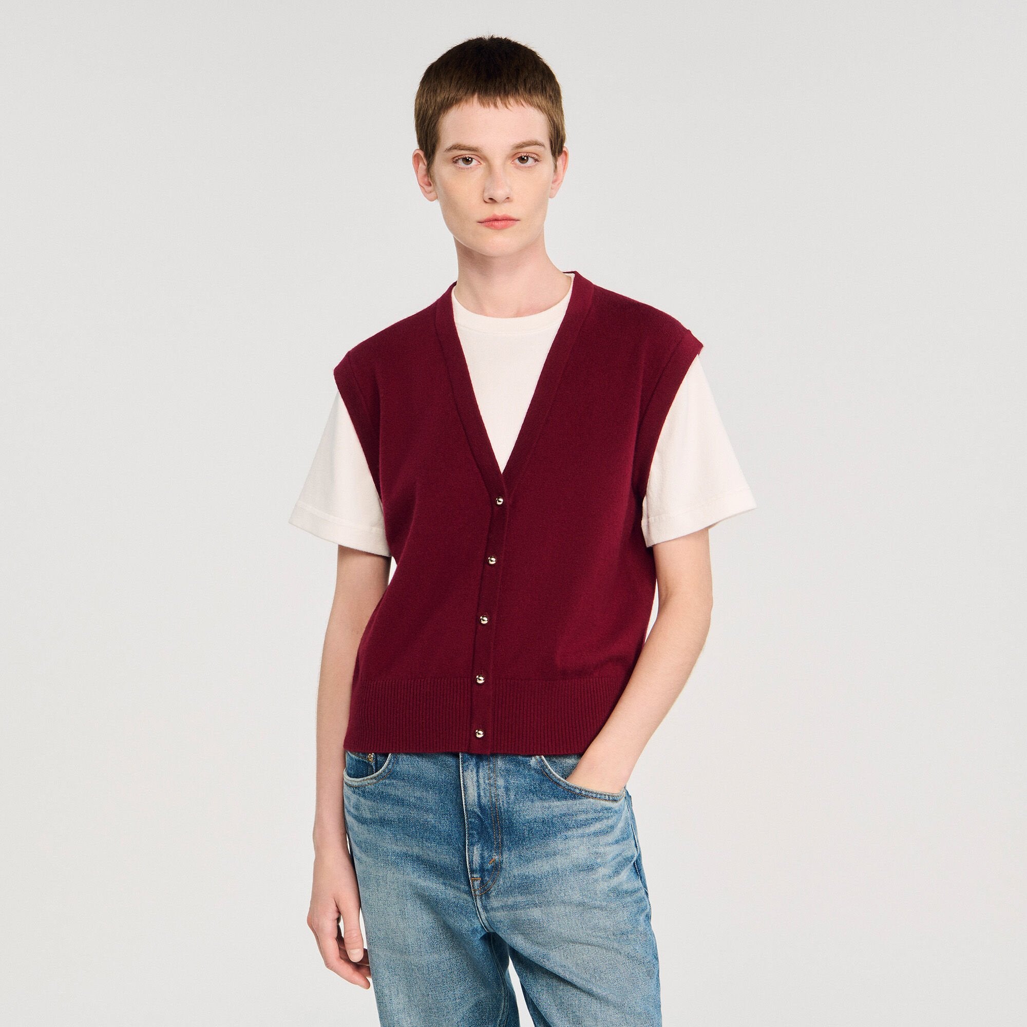 Sandro / Two-tone wool and cashmere sweater Bordeaux