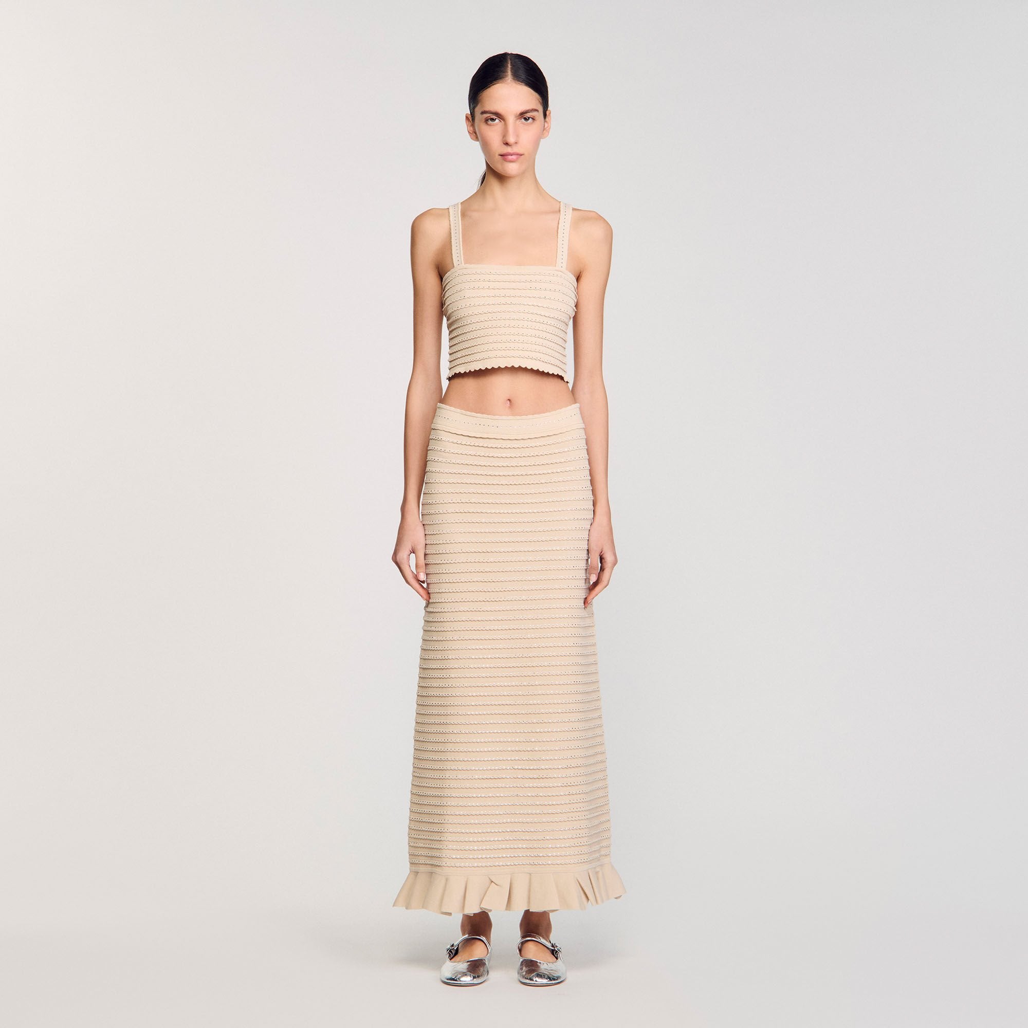 Sandro / Rhinestone knit crop top Beige