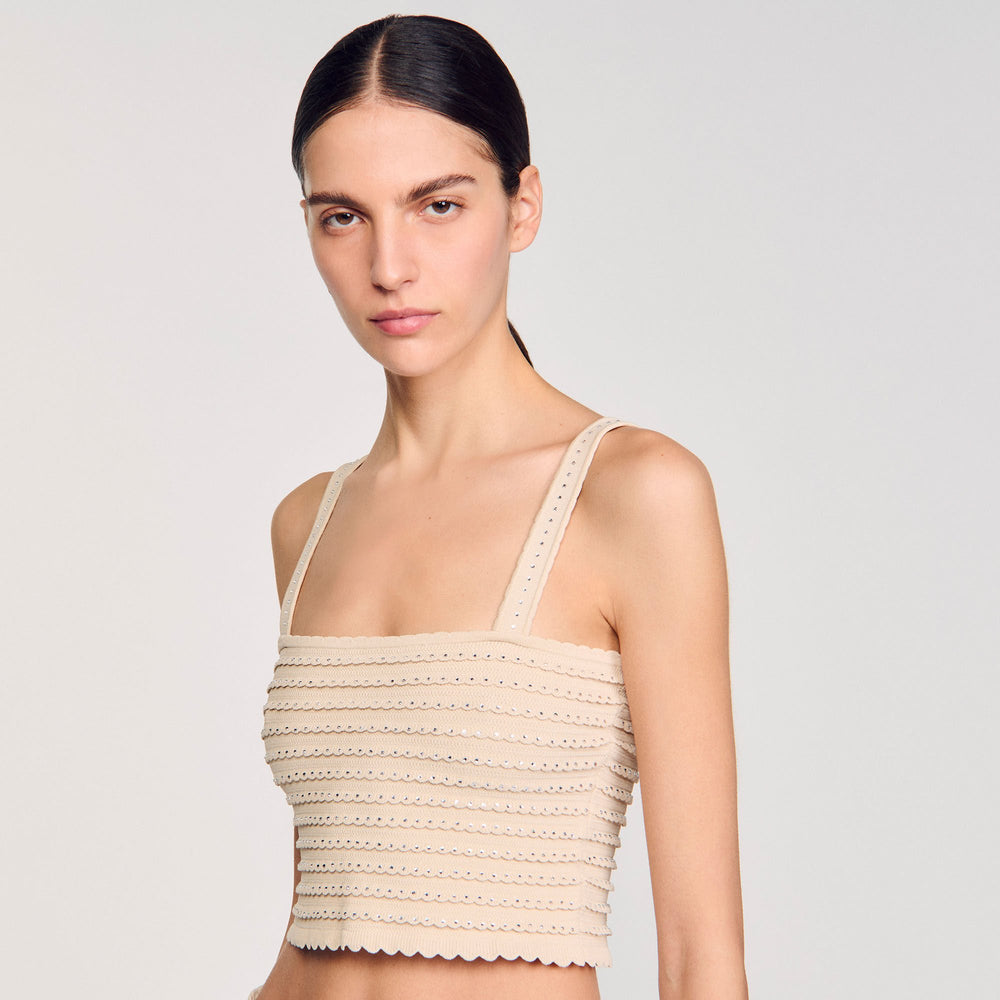 Sandro / Rhinestone knit crop top Beige