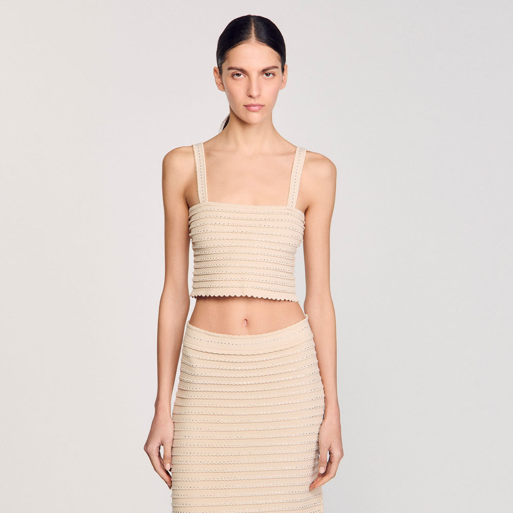 Sandro / Rhinestone knit crop top Beige