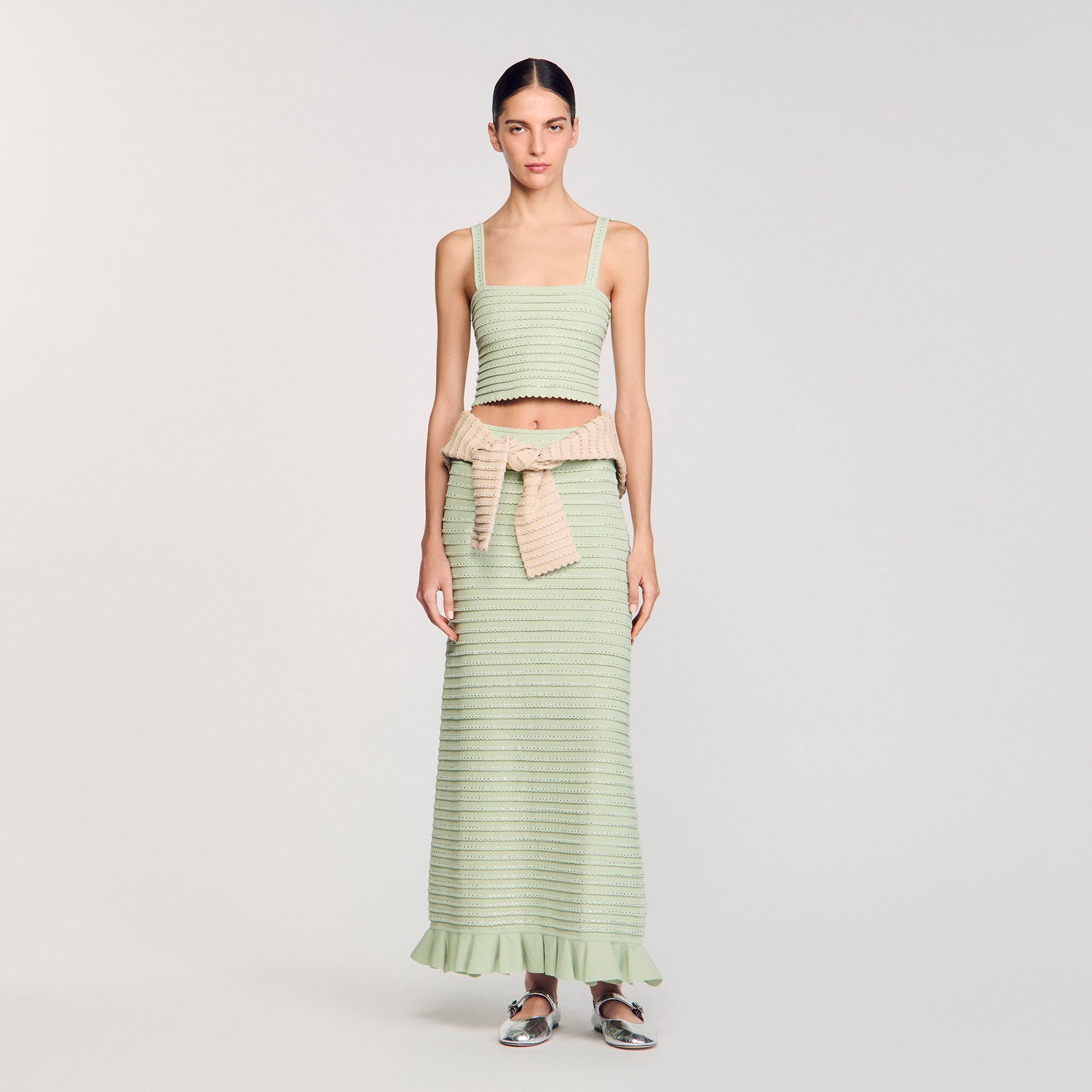Sandro / Rhinestone knit crop top Almond Green