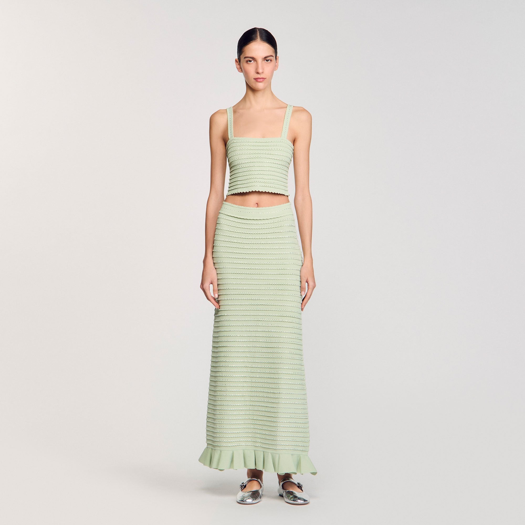 Sandro / Rhinestone knit crop top Almond Green