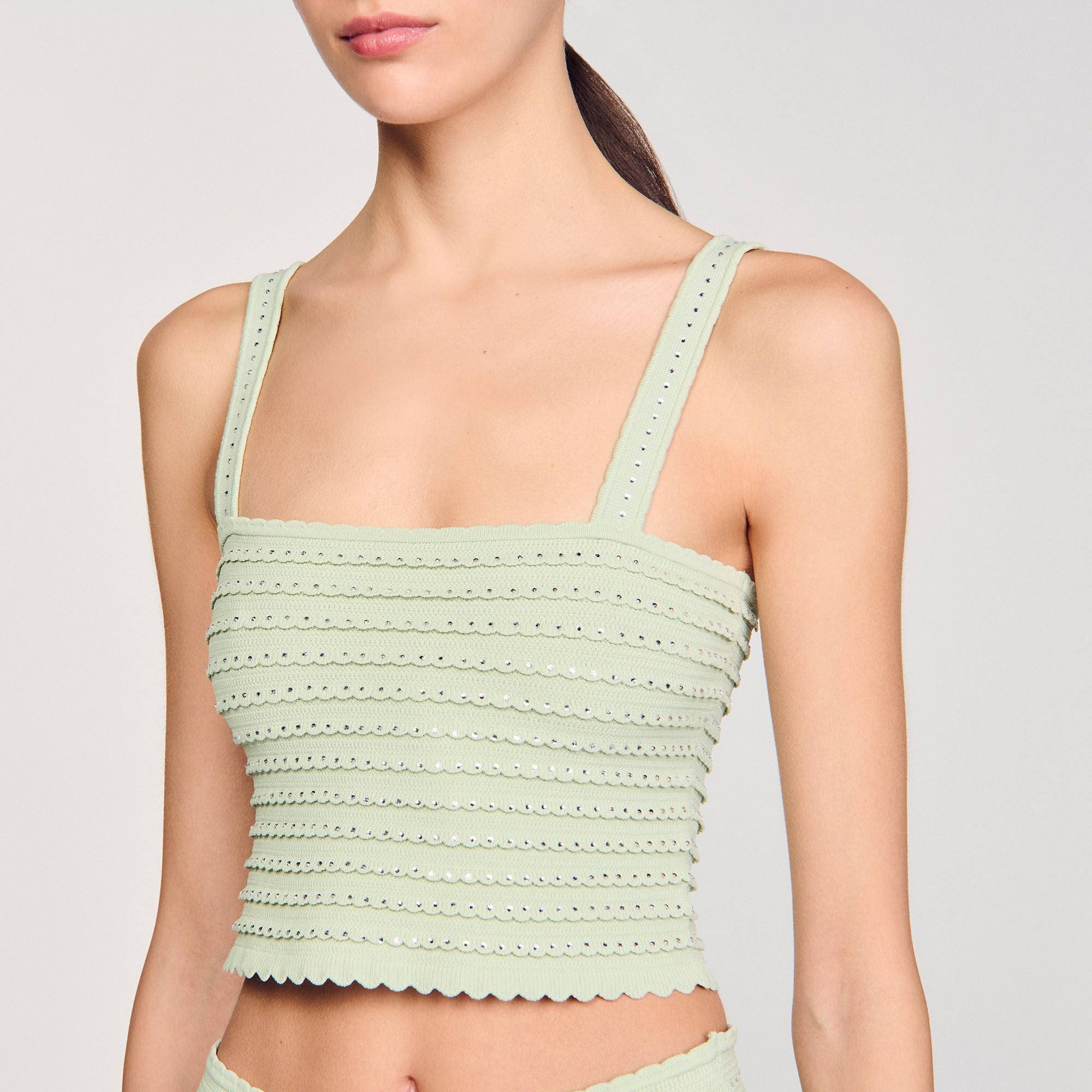 Sandro / Rhinestone knit crop top Almond Green