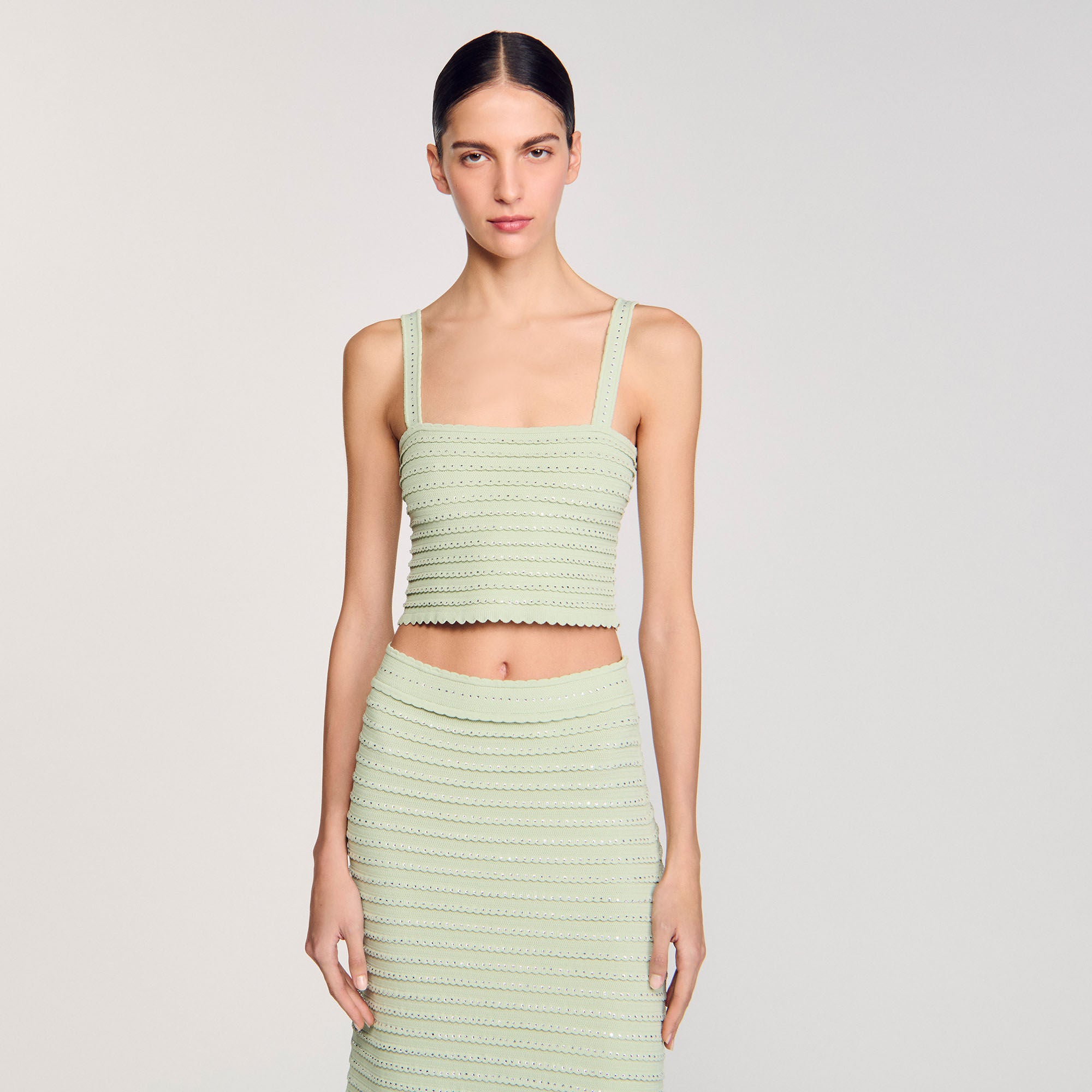 Sandro / Rhinestone knit crop top Almond Green