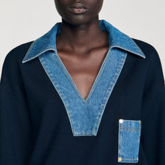 Sandro / Sweater with denim details Navy Blue