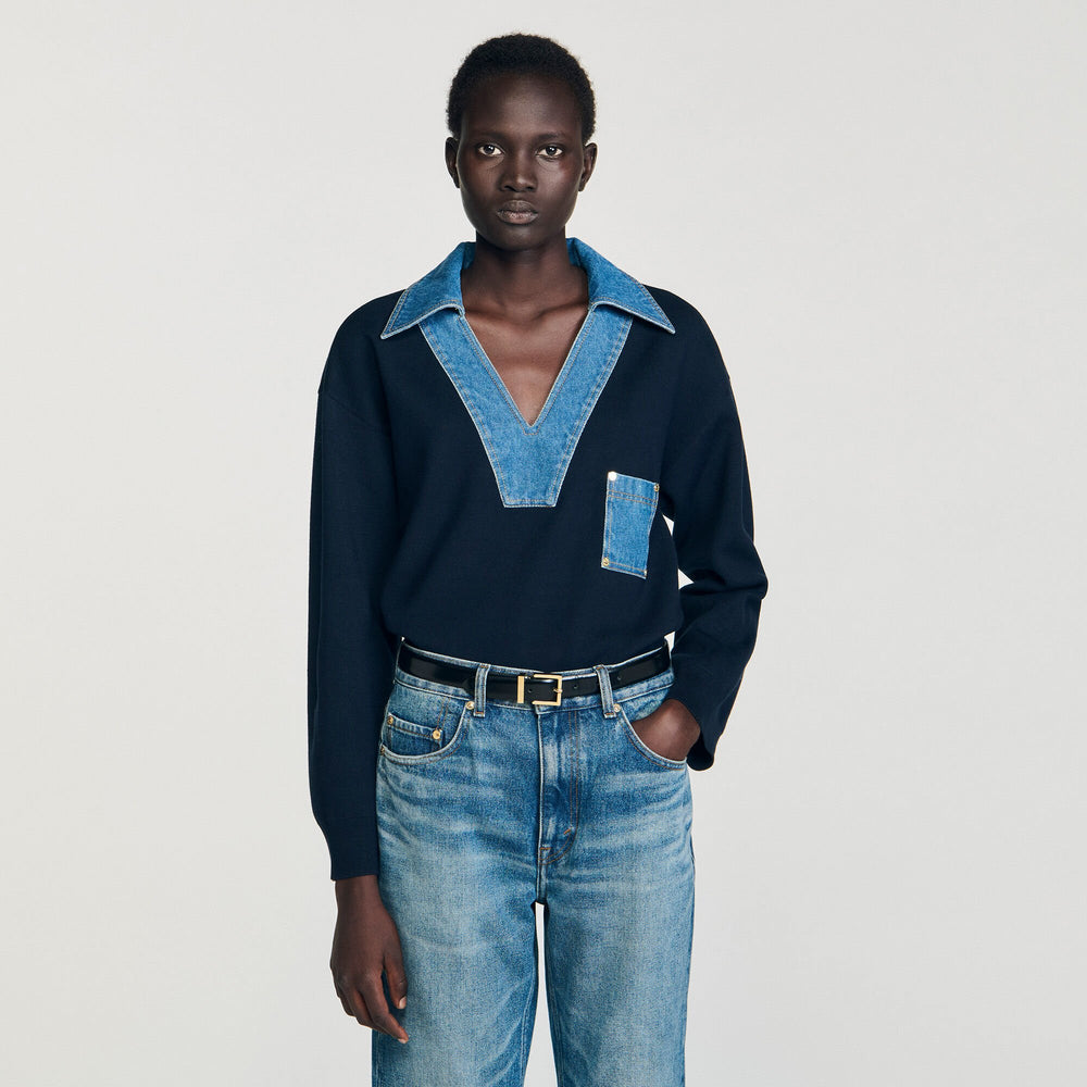 Sandro / Sweater with denim details Navy Blue