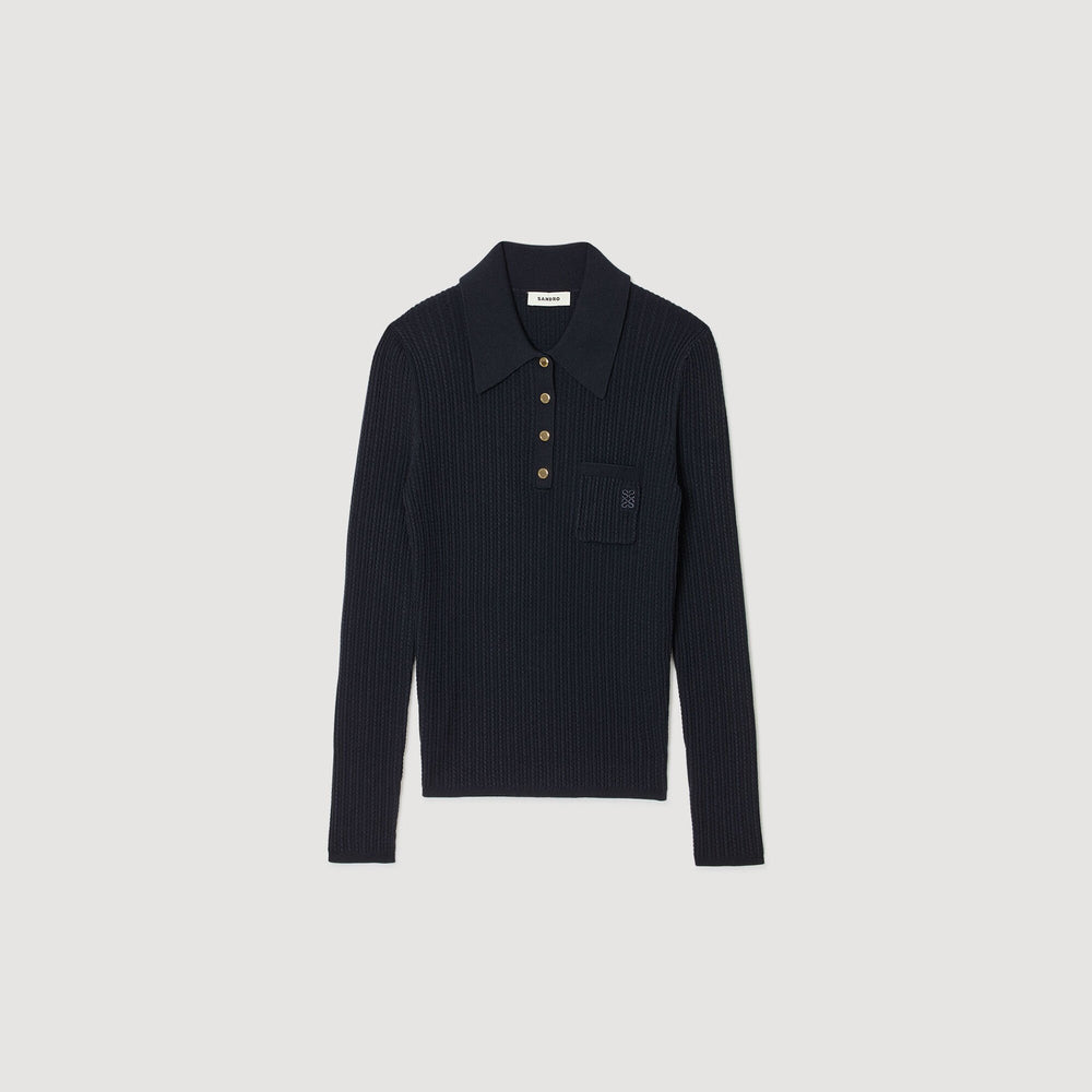 Sandro / Cable knit polo sweater Navy Blue