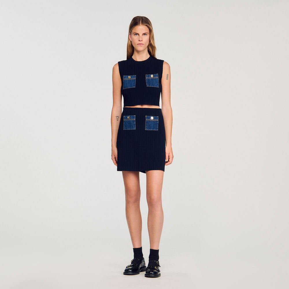 Sandro / Knit and denim top Navy Blue