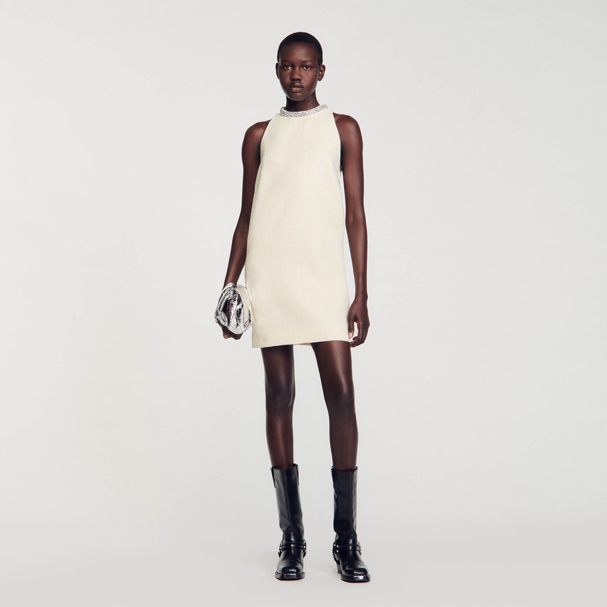 Sandro / Dress with jewelry collar Ecru