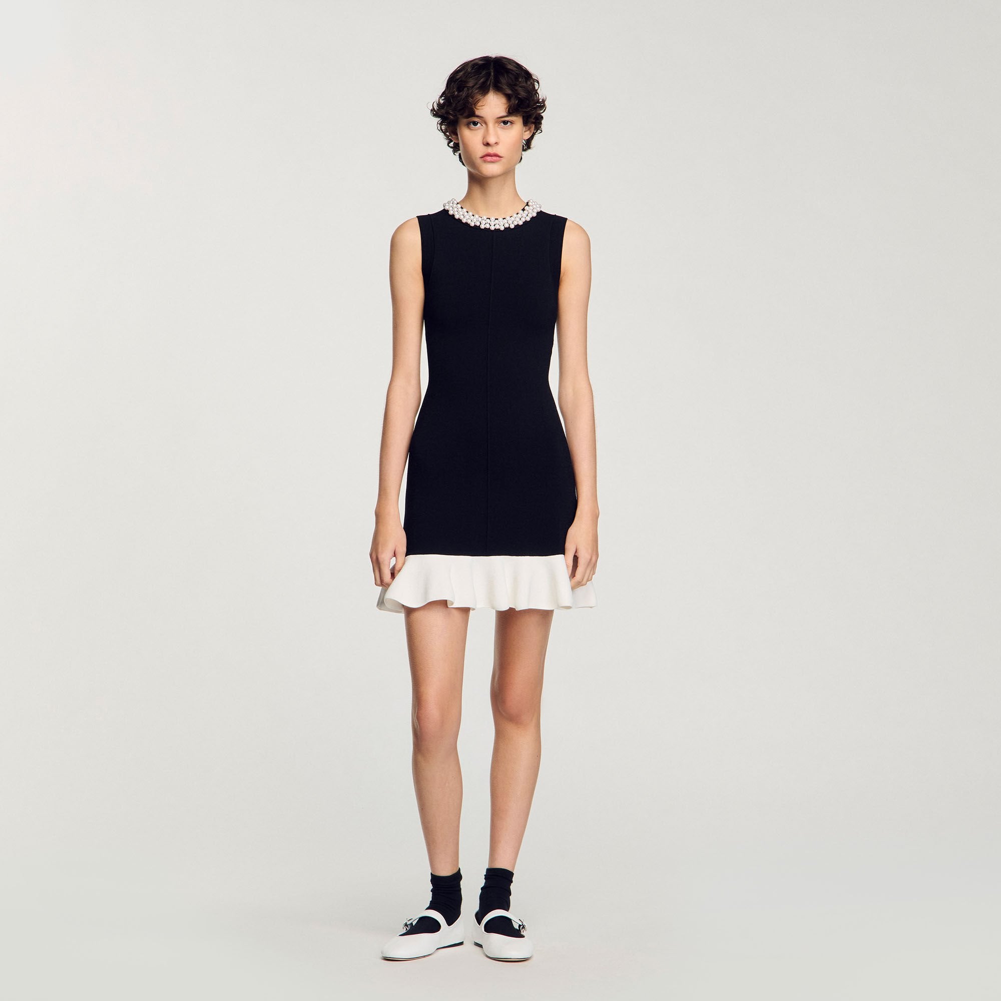 Sandro / Mini knit dress with beaded neck Black / Ecru