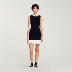 Sandro / Mini knit dress with beaded neck Black / Ecru
