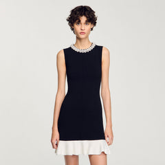 Sandro / Mini knit dress with beaded neck Black / Ecru