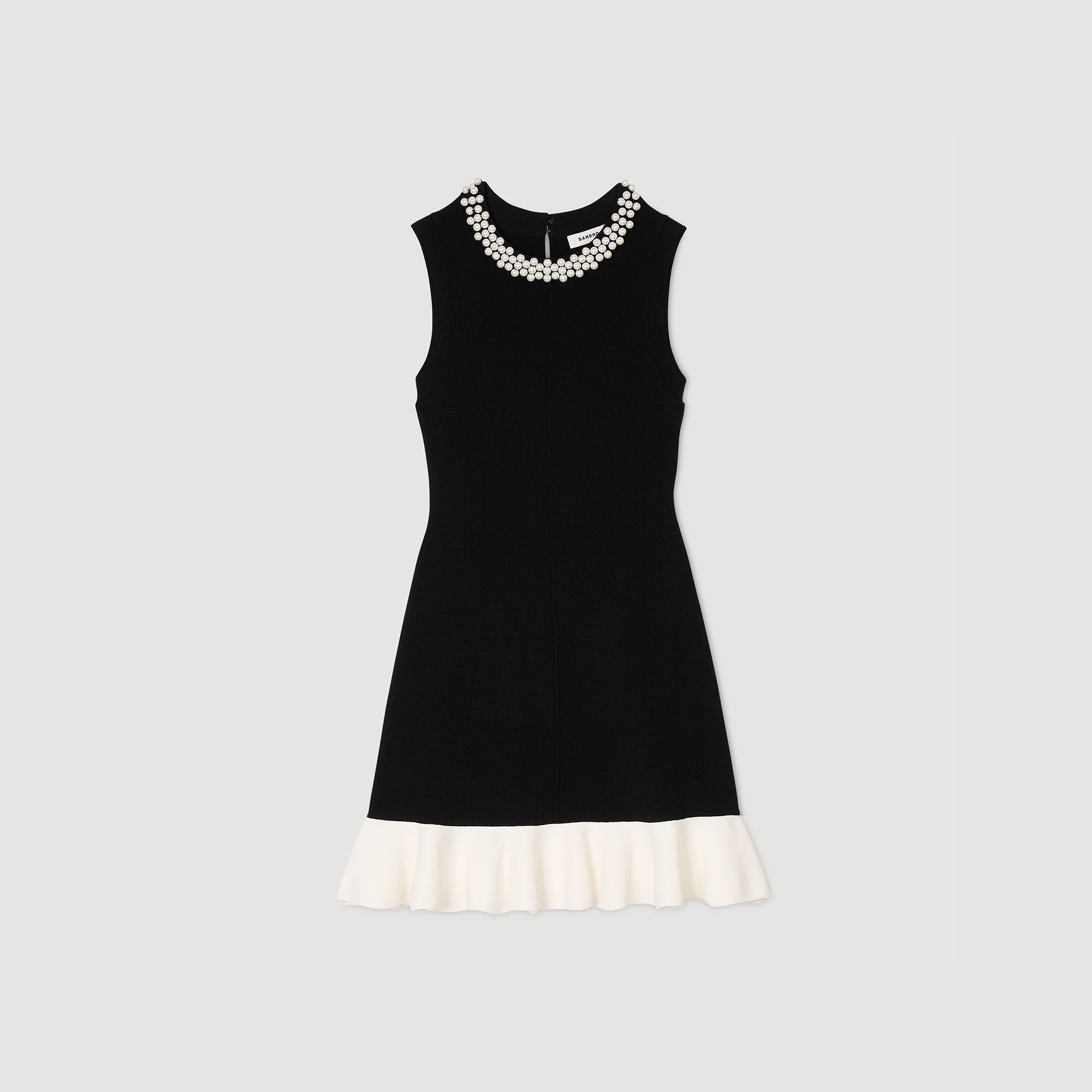 Sandro / Mini knit dress with beaded neck Black / Ecru