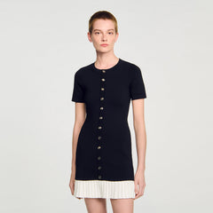 Sandro / Mini knit dress with ruffle Black / Ecru