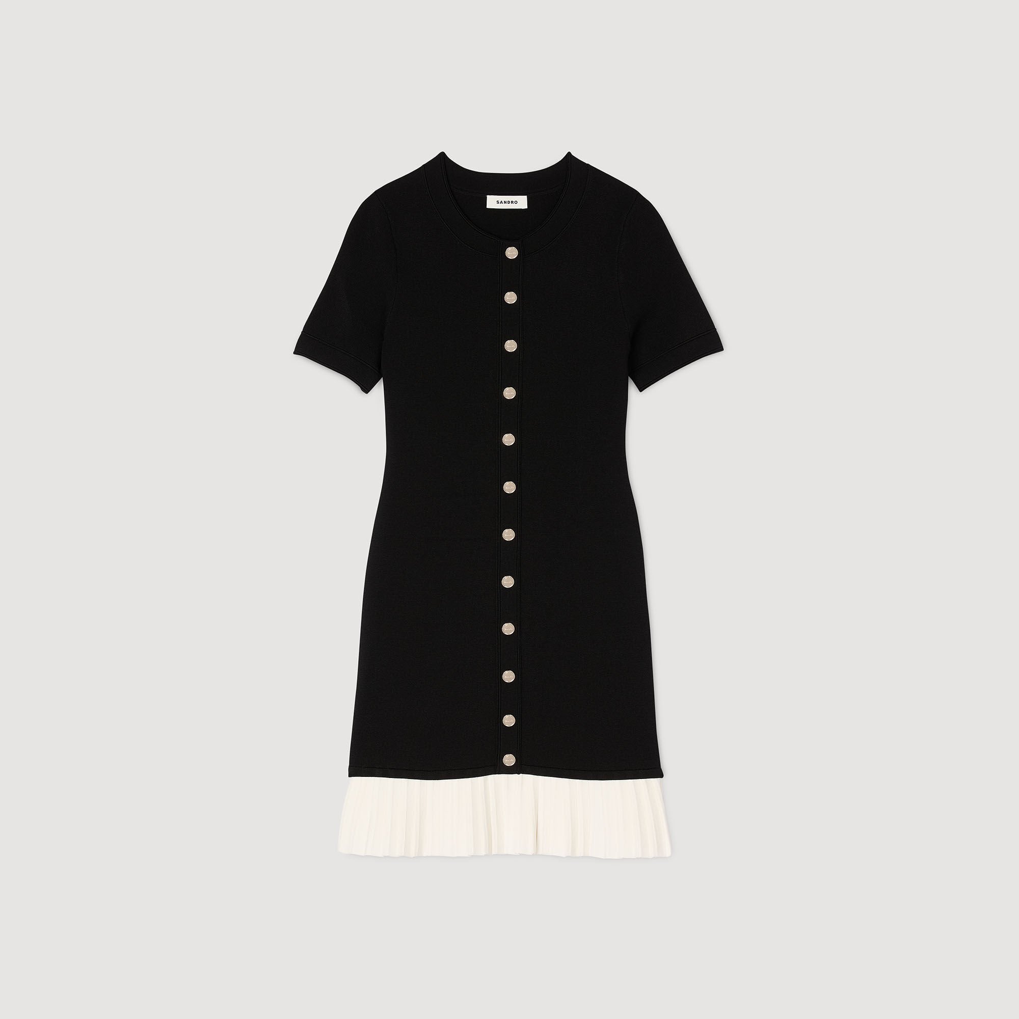 Sandro / Mini knit dress with ruffle Black / Ecru