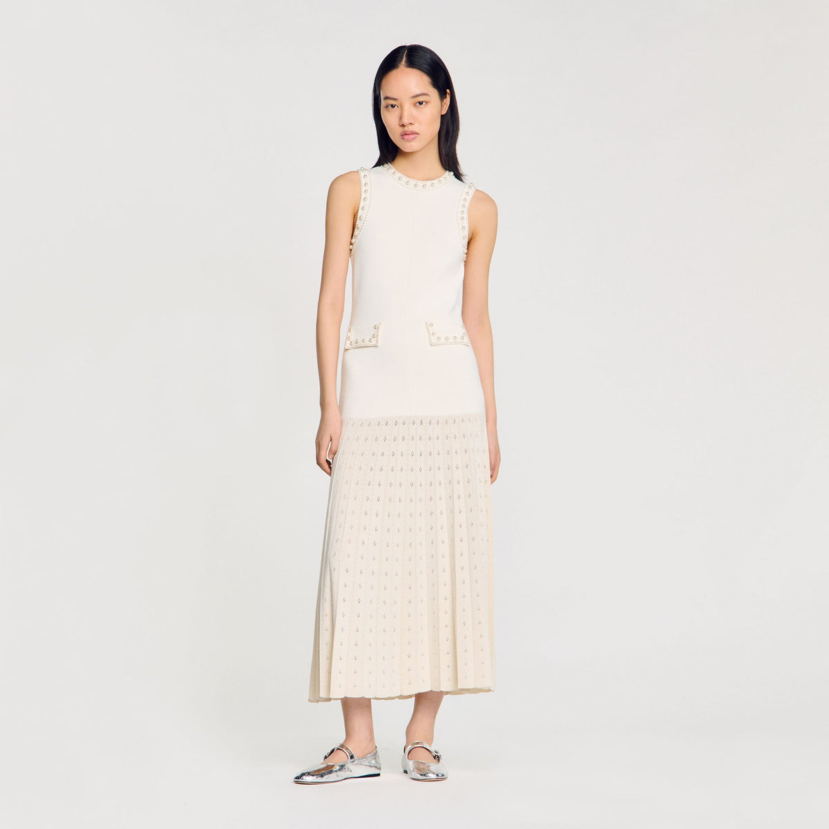 Sandro / Pearl bead knit maxi dress Ecru
