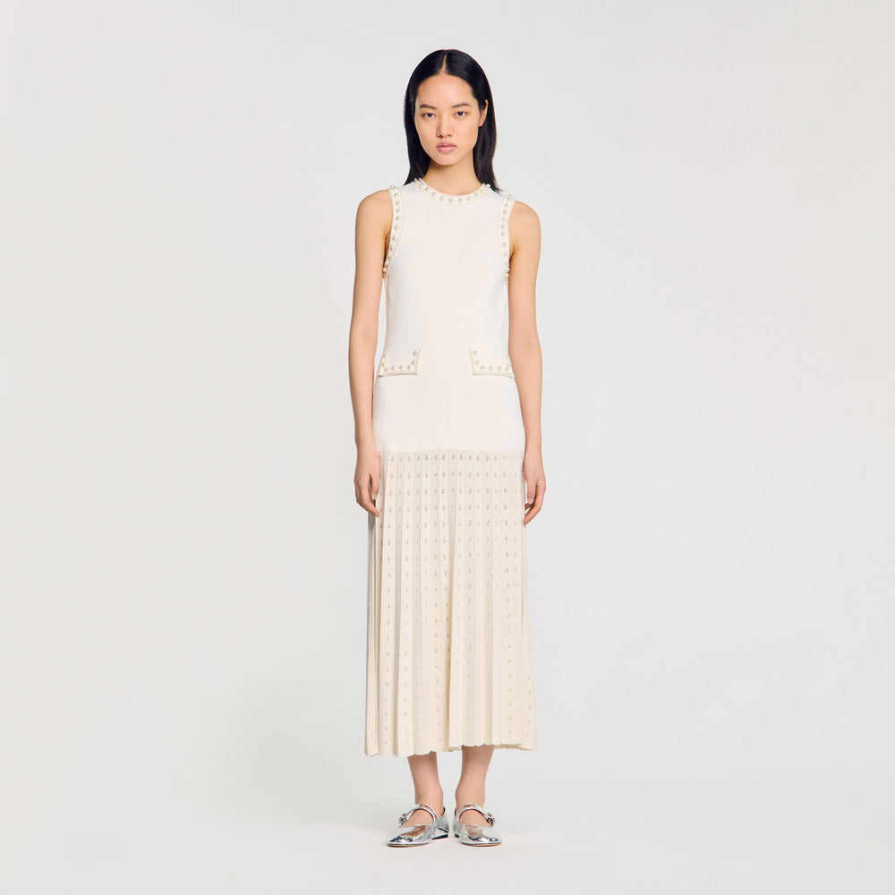 Sandro / Pearl bead knit maxi dress Ecru