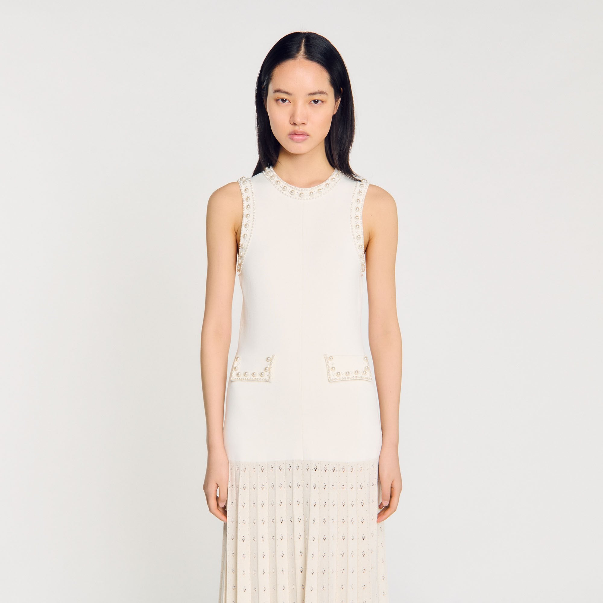 Sandro / Pearl bead knit maxi dress Ecru