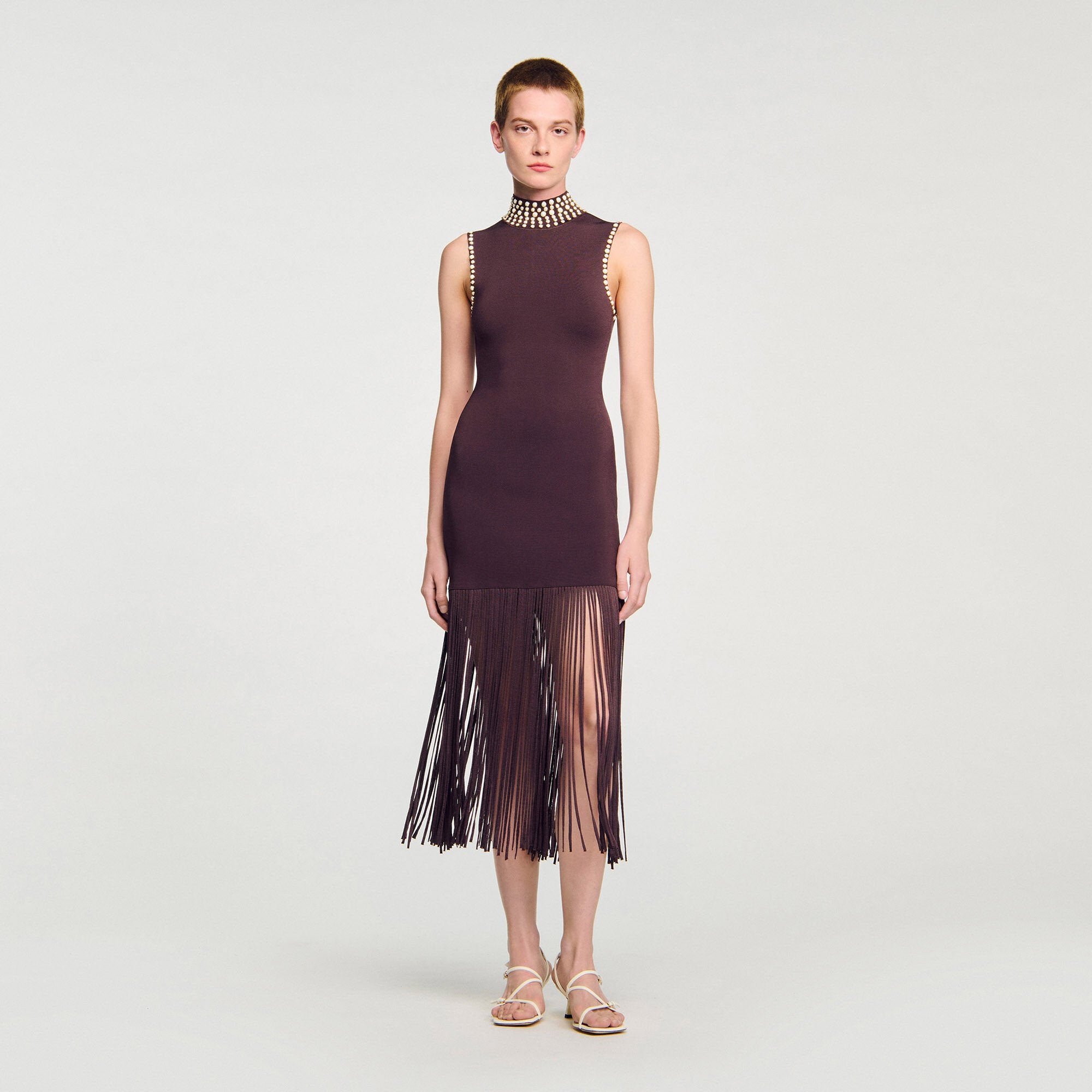 Sandro / Fringed knit midi dress Brown