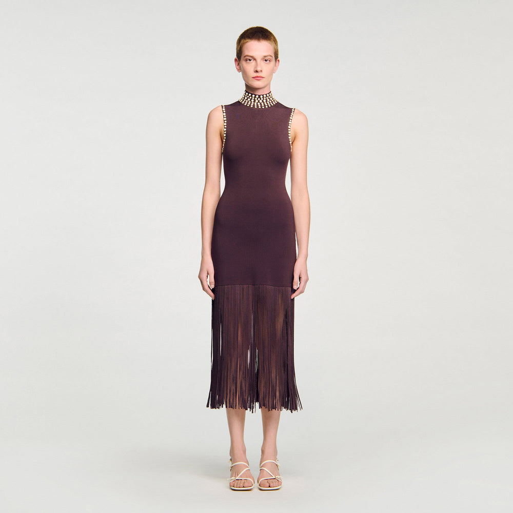 Sandro / Fringed knit midi dress Brown