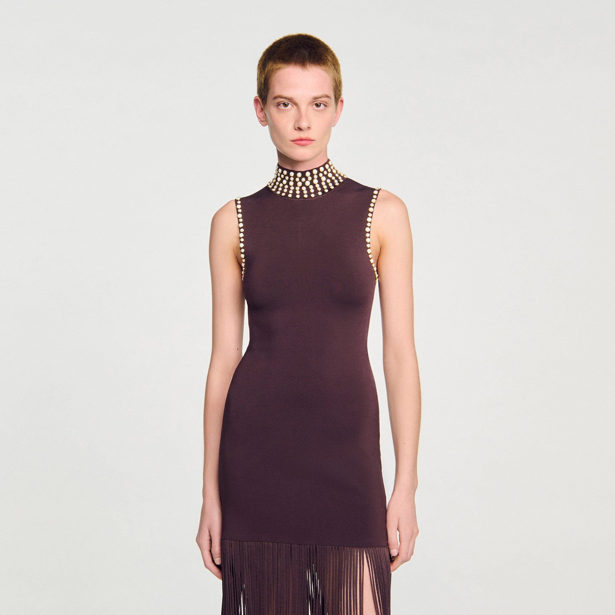 Sandro / Fringed knit midi dress Brown