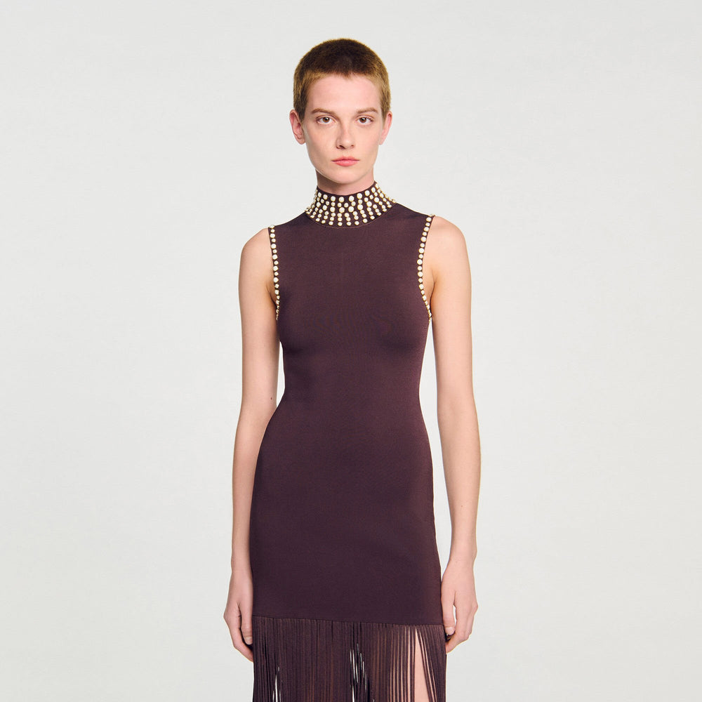 Sandro / Fringed knit midi dress Brown
