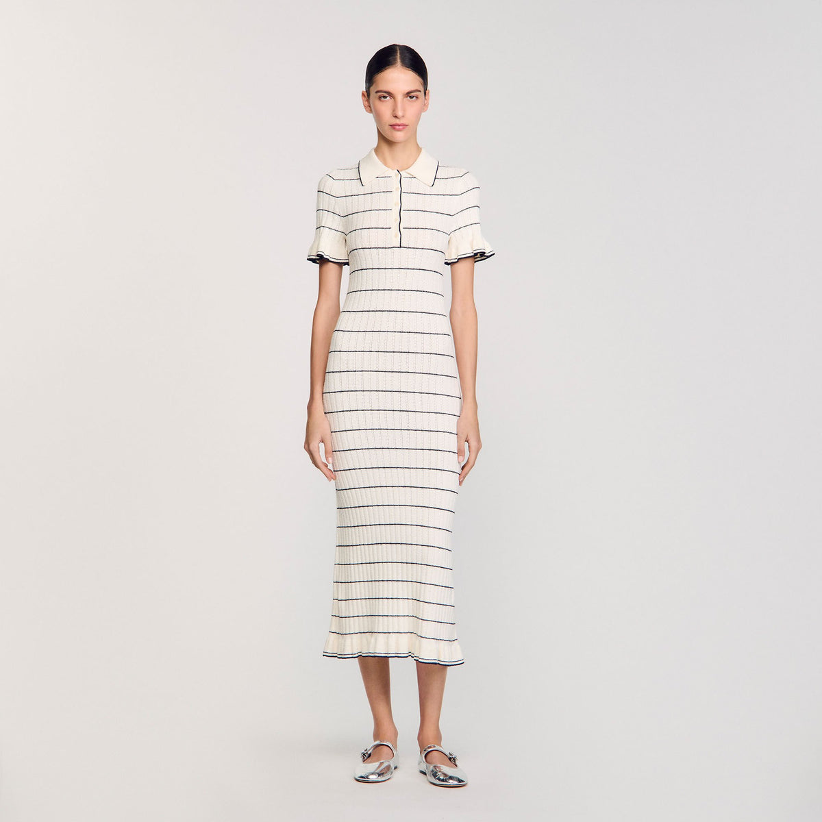 Sandro / Knitted midi dress with polo neck Ecru