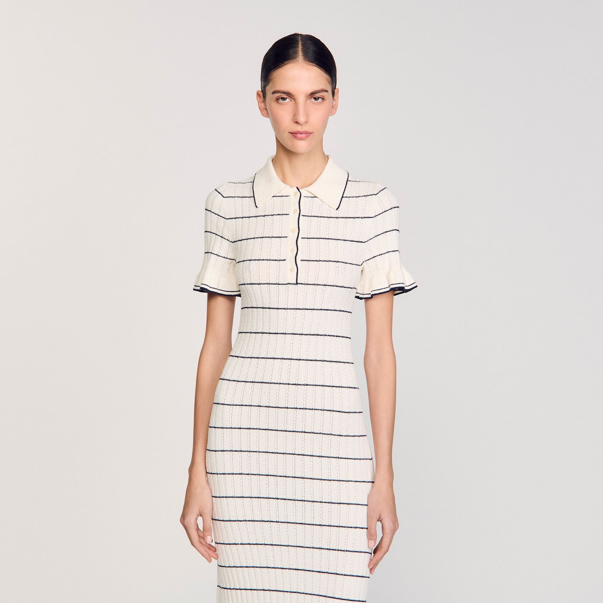 Sandro / Knitted midi dress with polo neck Ecru