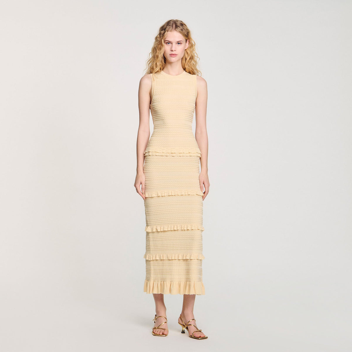 Sandro / Ruffled knit maxi dress Ecru