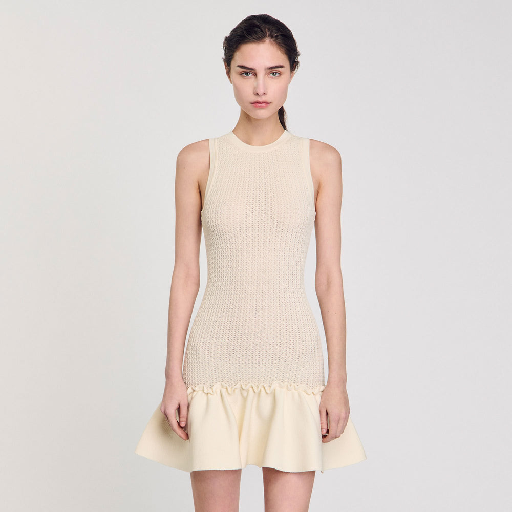 Sandro / Mini knit dress with ruffle Ecru