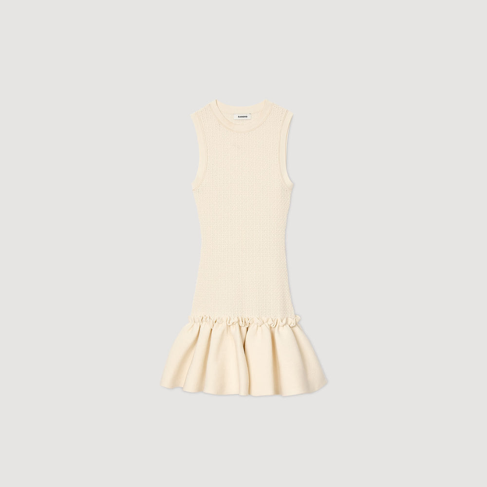 Sandro / Mini knit dress with ruffle Ecru